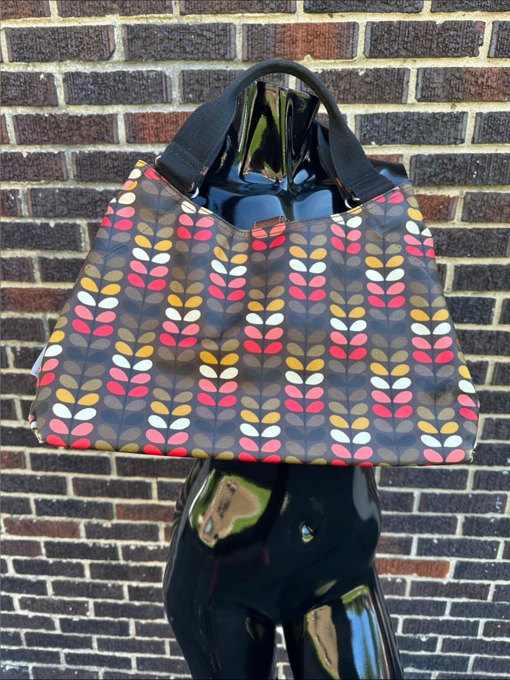 Orla Kiely Black Shoulder Bag with Red, Mustard & Cream Stem Print
